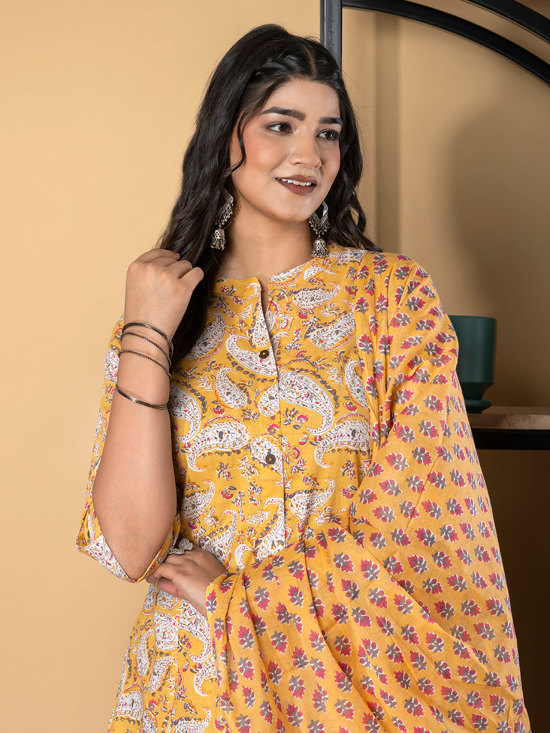 A Line Style Cotton Fabric Mustard Color Kurta And Bottom With Dupatta