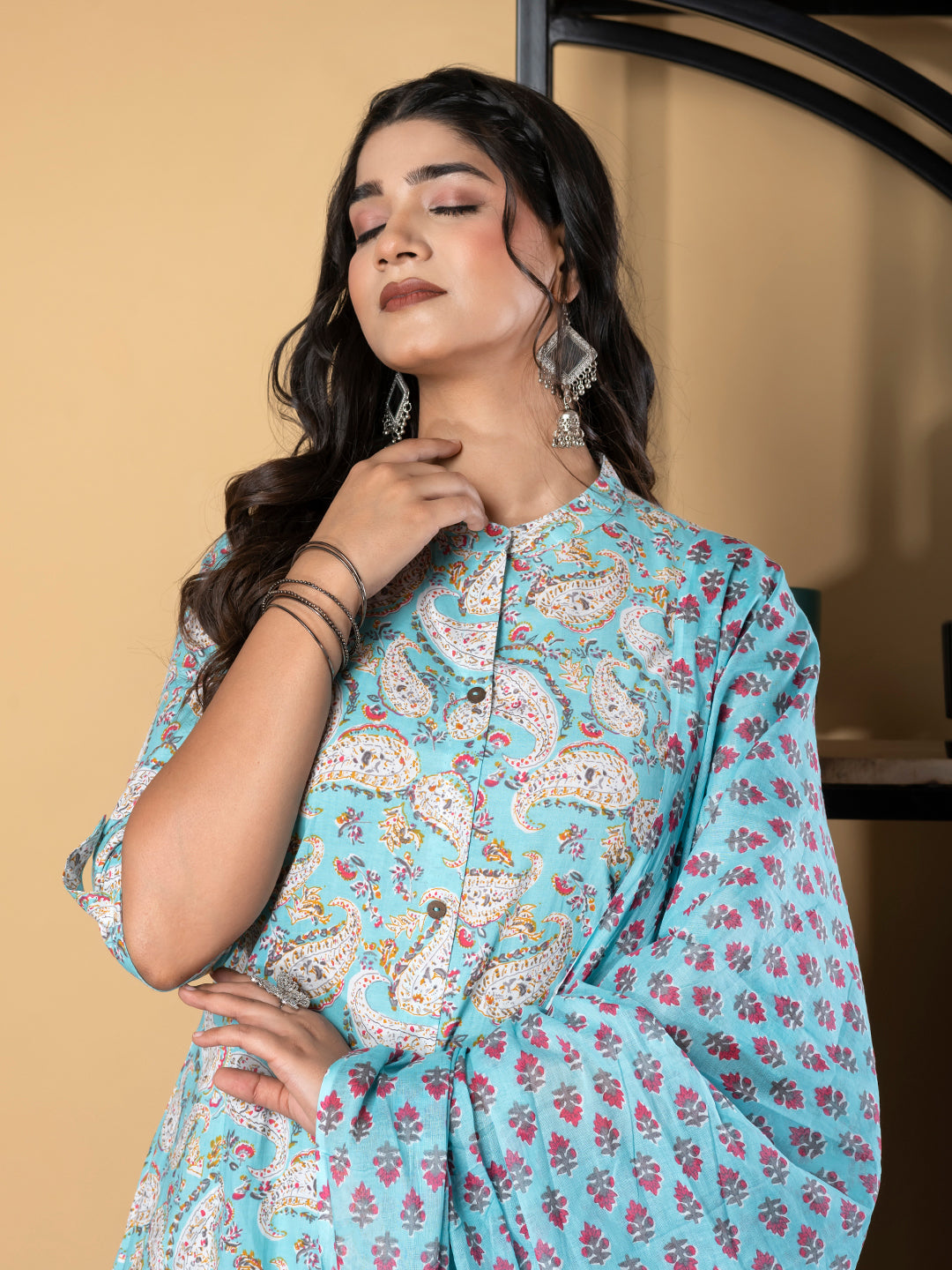 A Line Style Cotton Fabric Turquoise Blue Color Kurta And Bottom With Dupatta