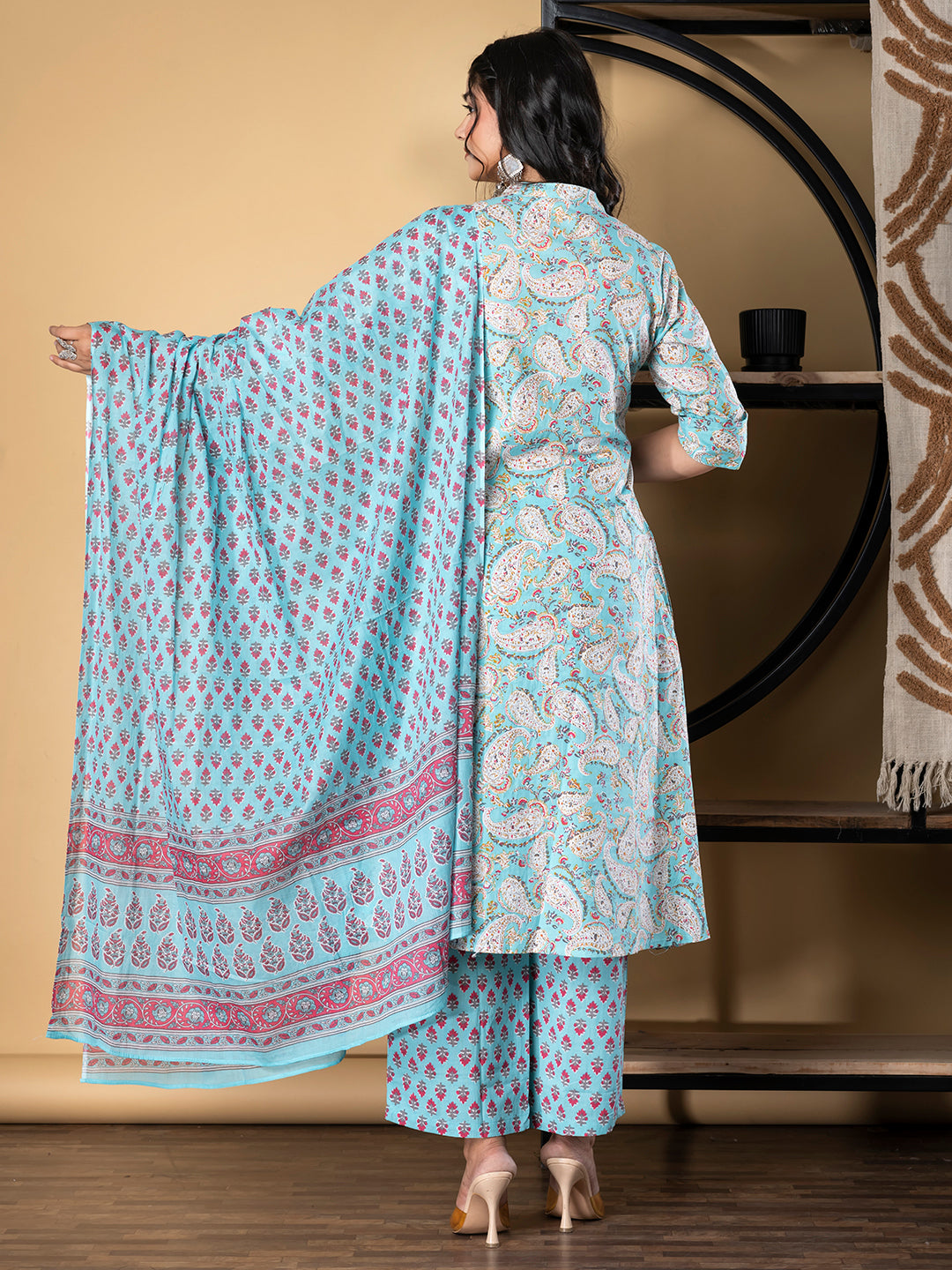 A Line Style Cotton Fabric Turquoise Blue Color Kurta And Bottom With Dupatta