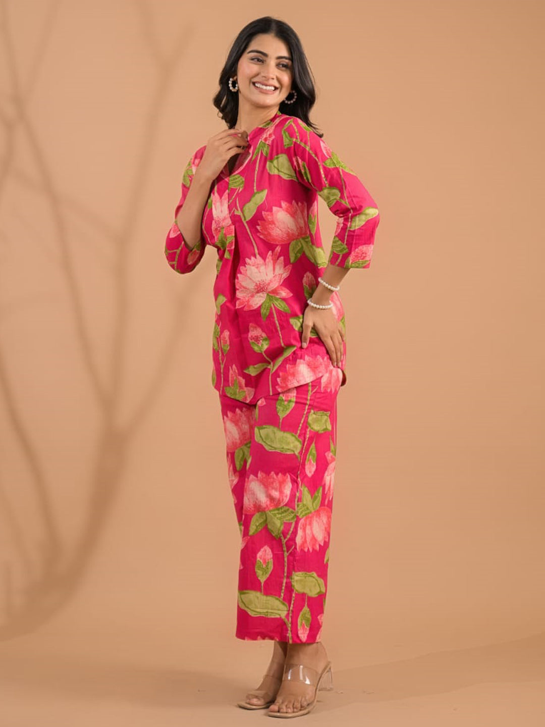 Curved Style Cotton Fabric Pink Color Co-Ord Set