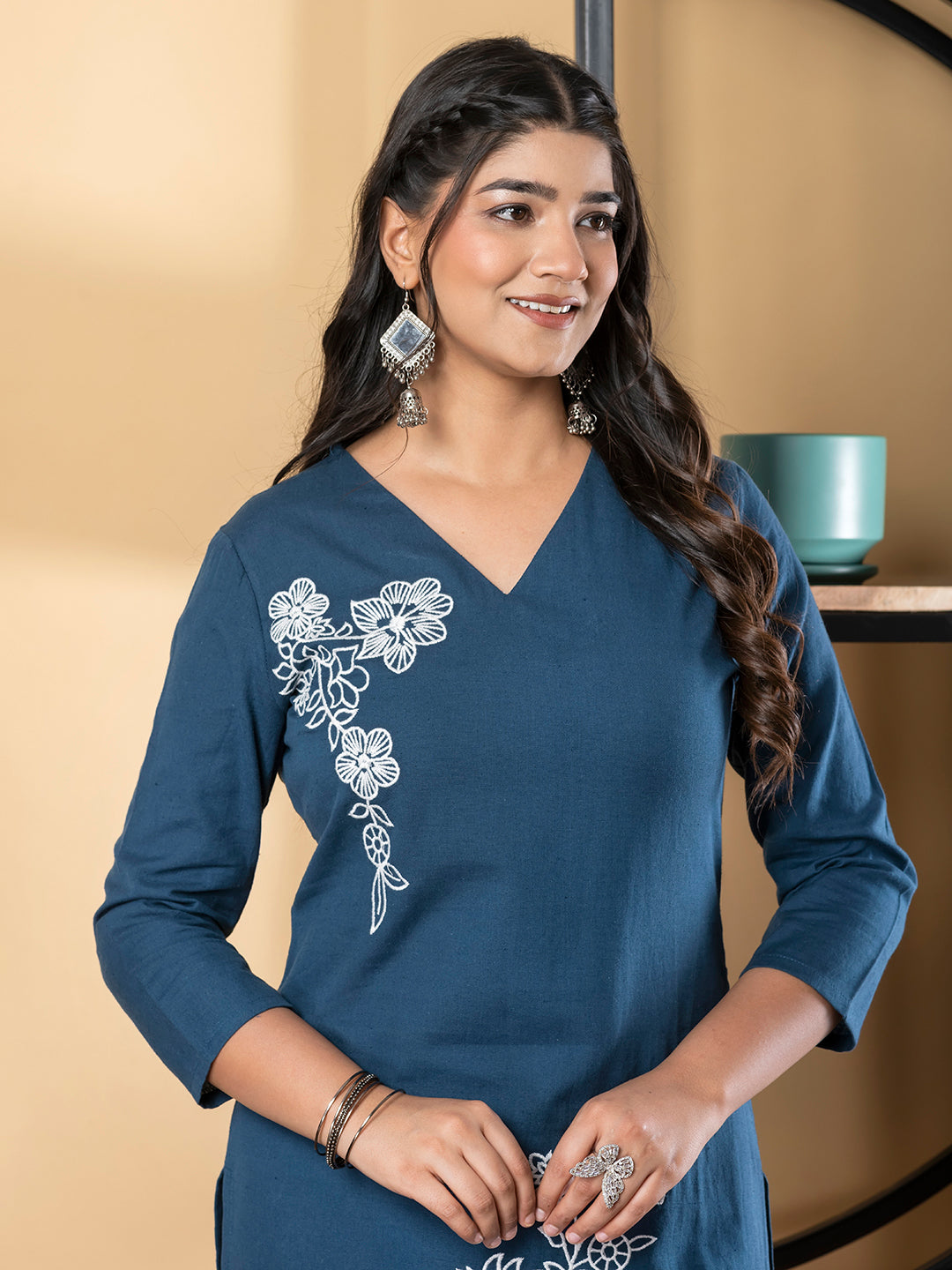 Straight Style Cotton Fabric Teal Color Kurta And Bottom