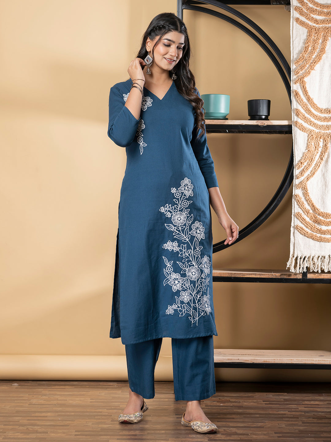 Straight Style Cotton Fabric Teal Color Kurta And Bottom