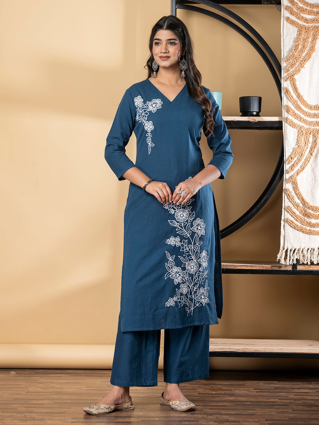 Straight Style Cotton Fabric Teal Color Kurta And Bottom