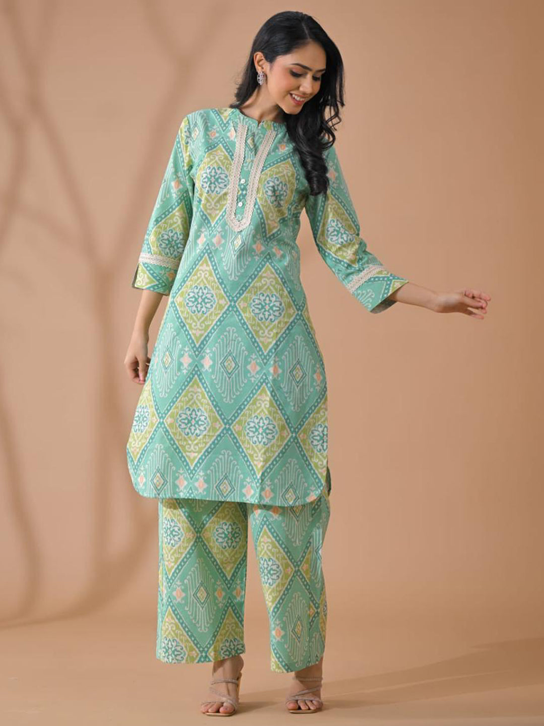 Curved Style Poly Cotton Fabric Green Color Kurta And Bottom