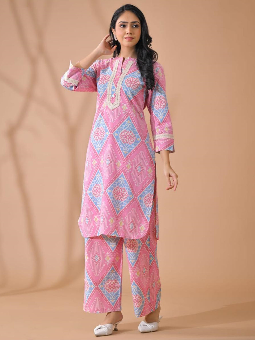 Curved Style Poly Cotton Fabric Pink Color Kurta And Bottom