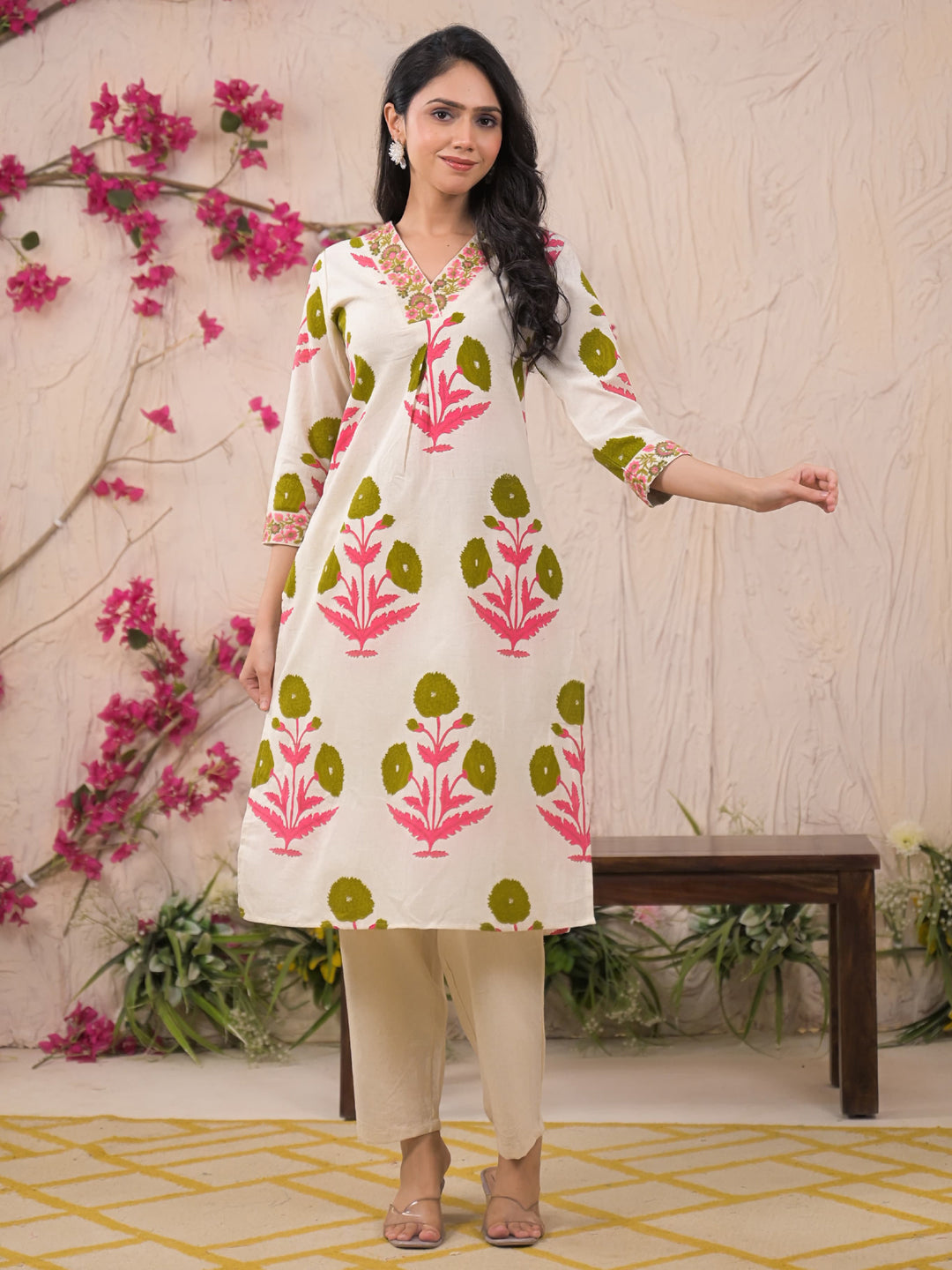 Straight Style Cotton Flex Fabric Green Color Kurta And Bottom