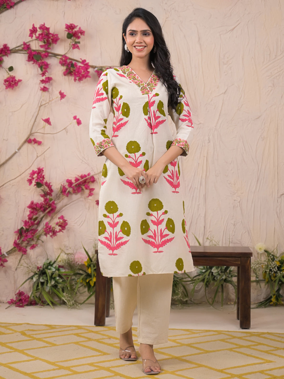 Straight Style Cotton Flex Fabric Green Color Kurta And Bottom