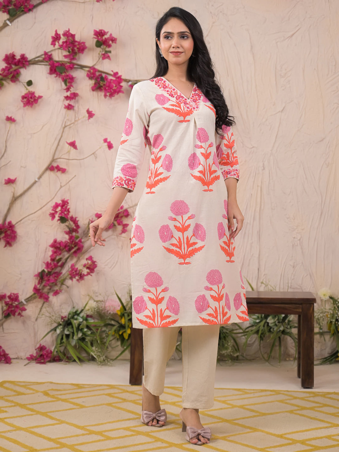 Straight Style Cotton Flex Fabric Pink Color Kurta And Bottom
