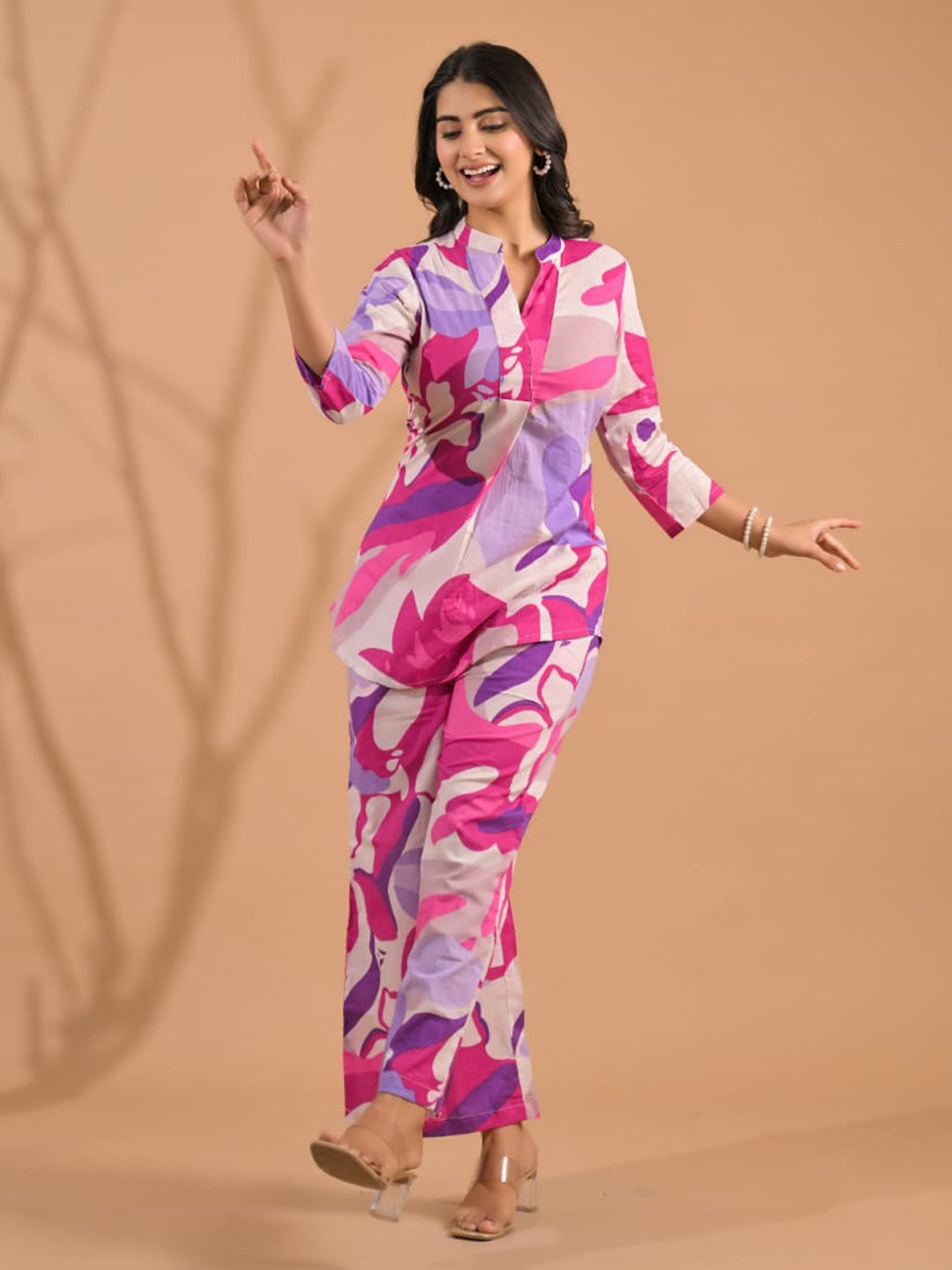 Curved Style Cotton Fabric Lavender Color Co-Ord Set