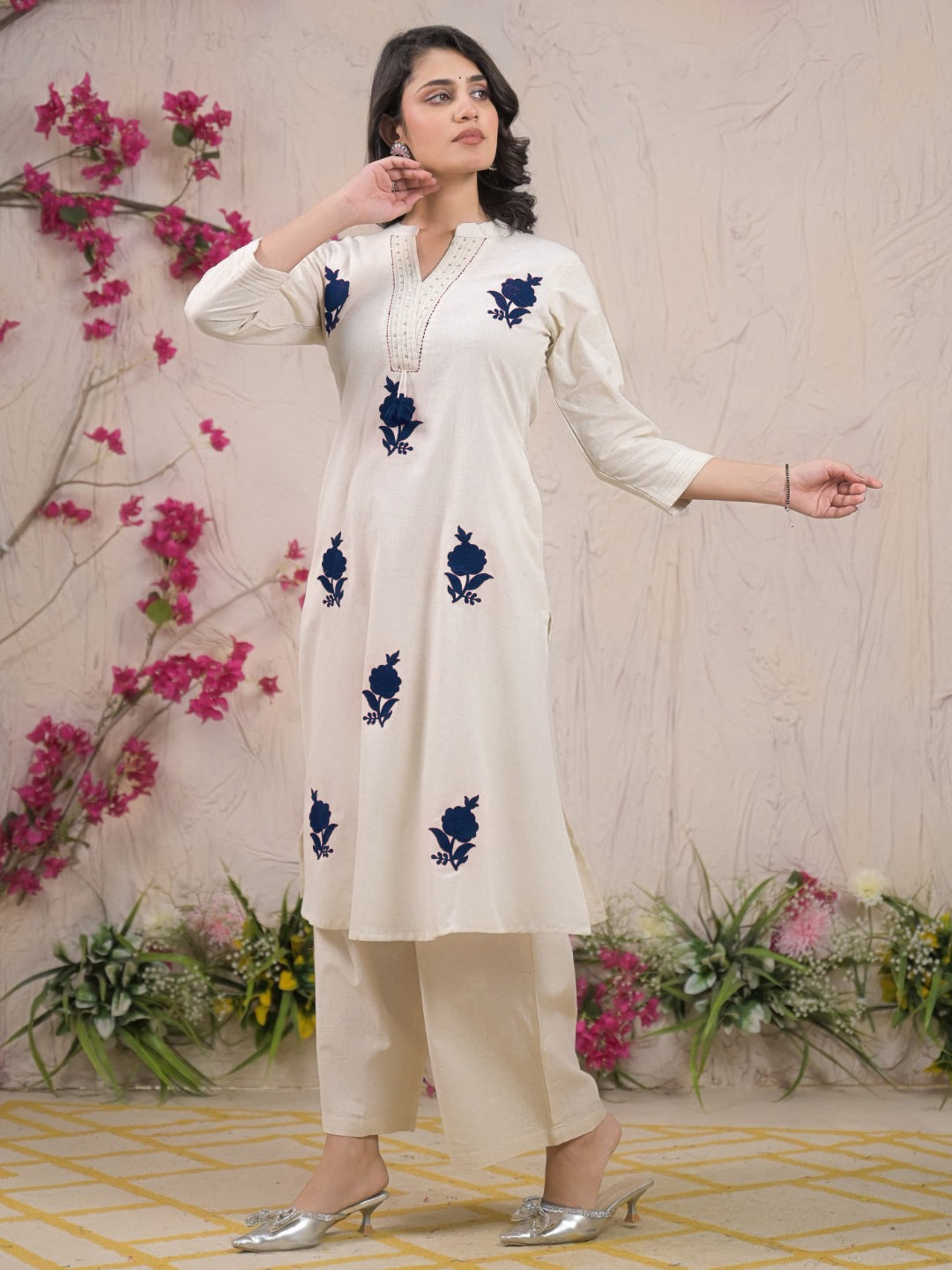 Straight Style Cotton Flex Fabric Off White Color Kurta And Bottom