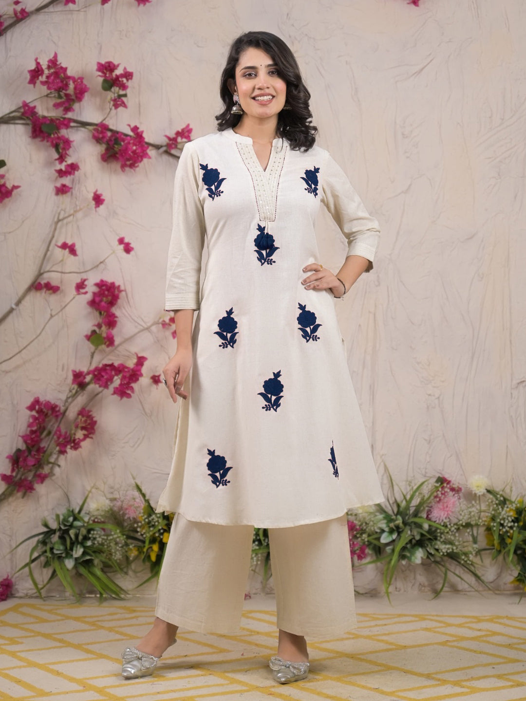 Straight Style Cotton Flex Fabric Off White Color Kurta And Bottom