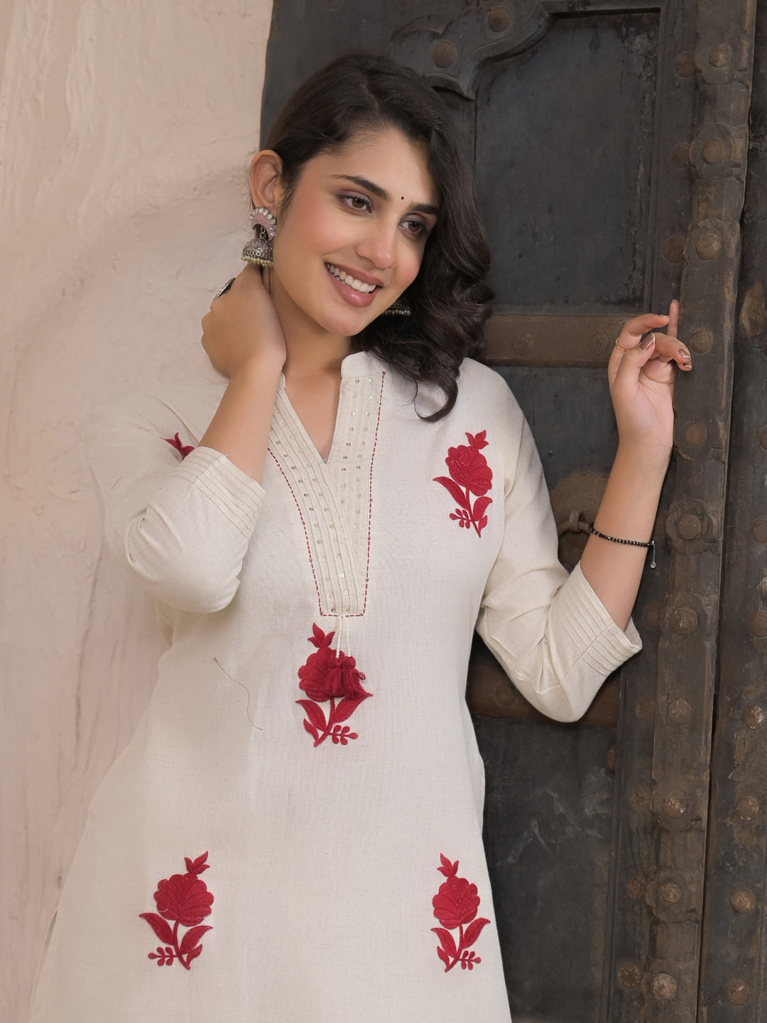Straight Style Cotton Flex Fabric Off White Color Kurta And Bottom