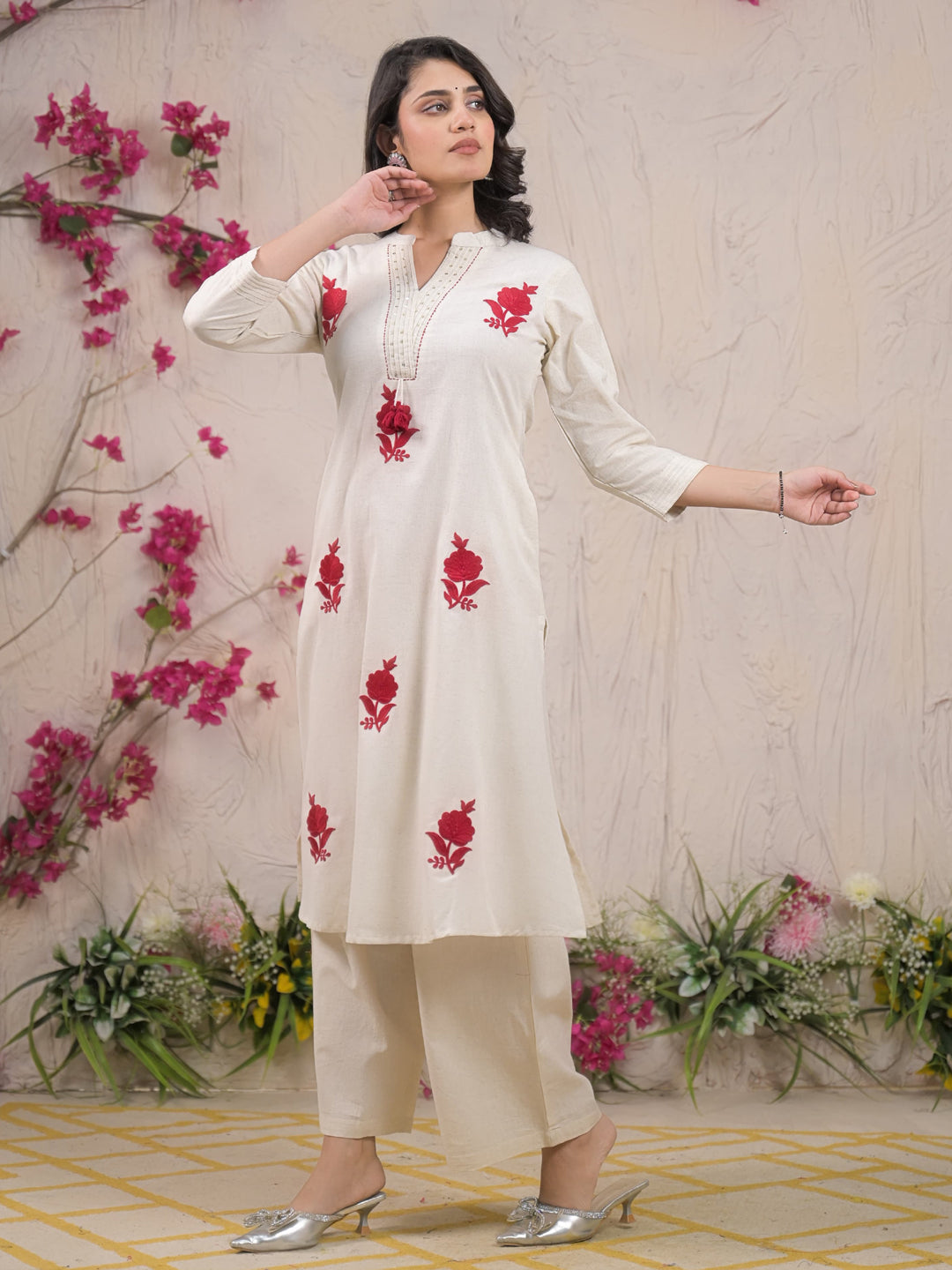 Straight Style Cotton Flex Fabric Off White Color Kurta And Bottom