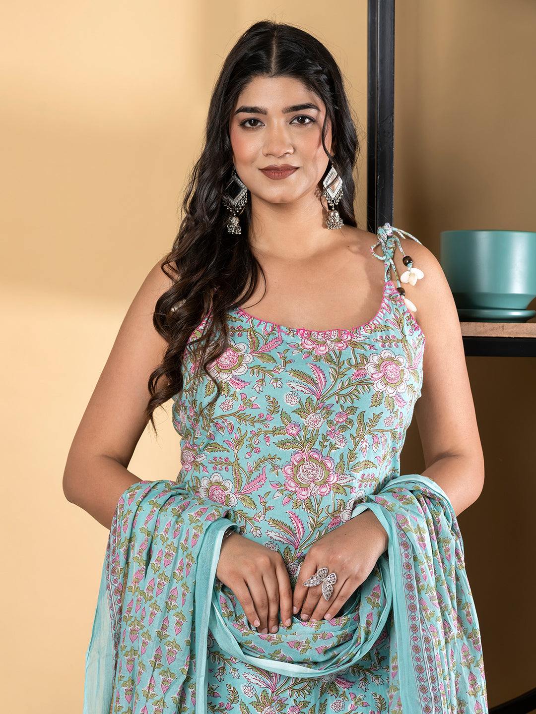 Straight Style Cotton Fabric Turquoise Blue Color Kurta And Bottom With Dupatta