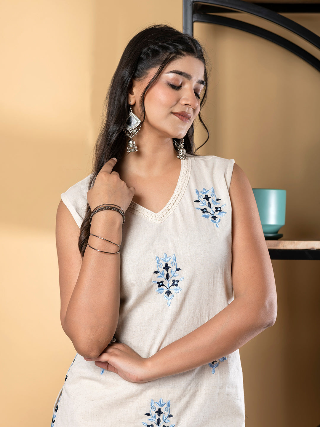 Straight Style Cotton Flex Fabric Off White Color Co-Ord Set