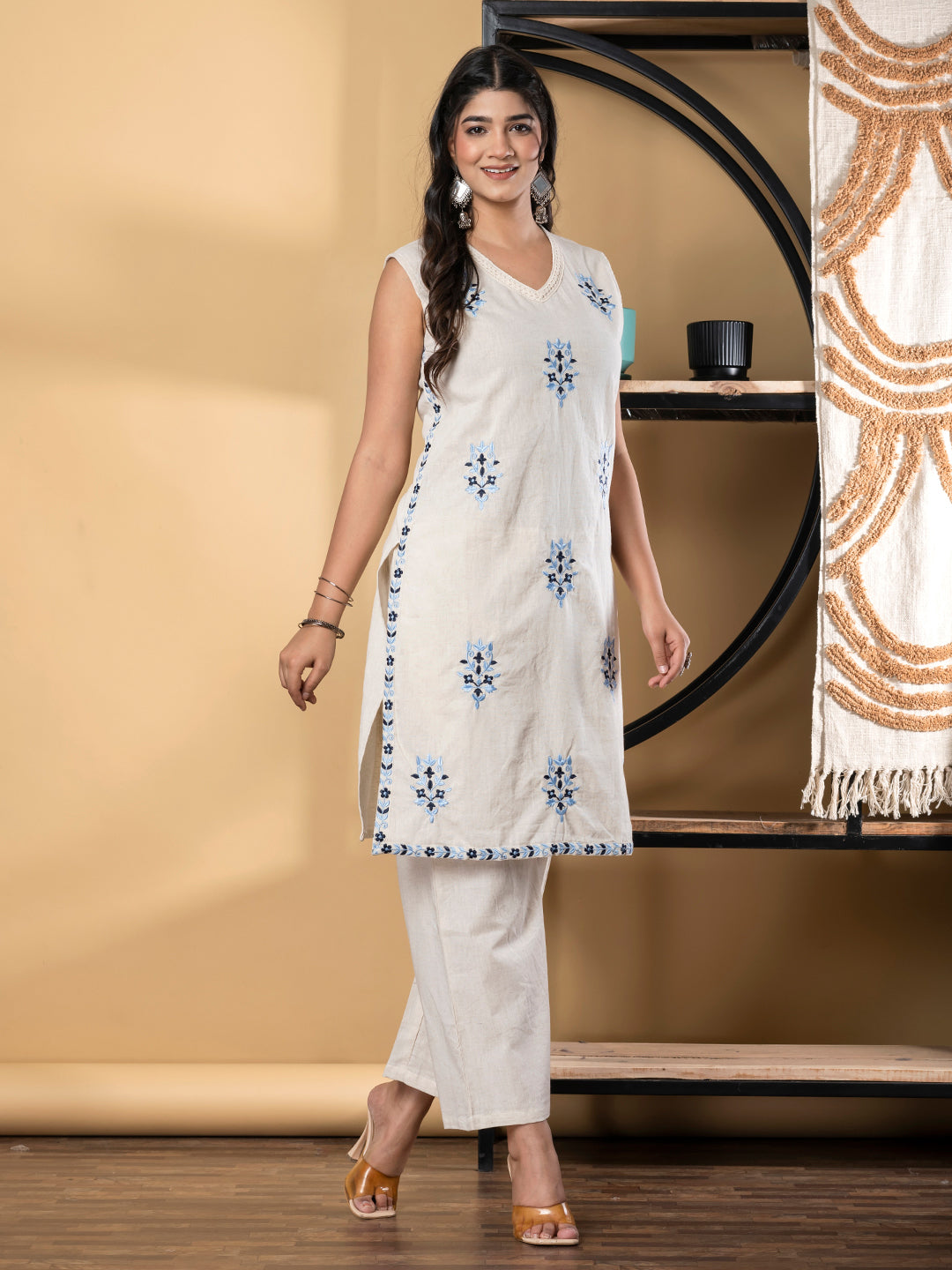 Straight Style Cotton Flex Fabric Off White Color Co-Ord Set
