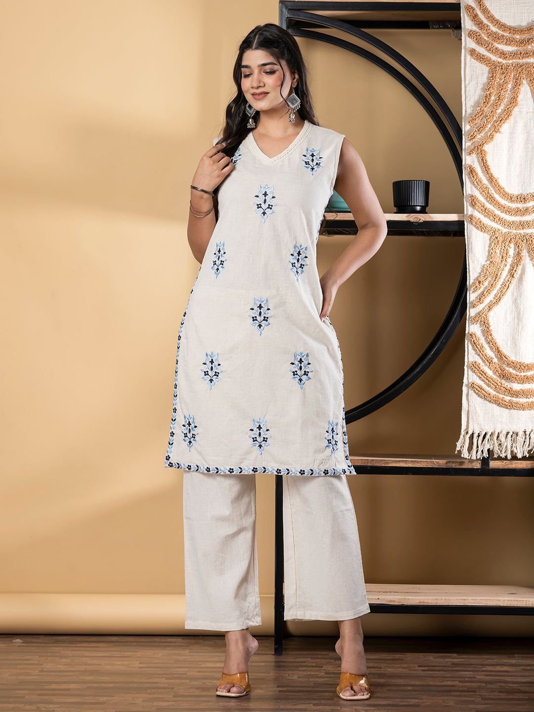 Straight Style Cotton Flex Fabric Off White Color Co-Ord Set