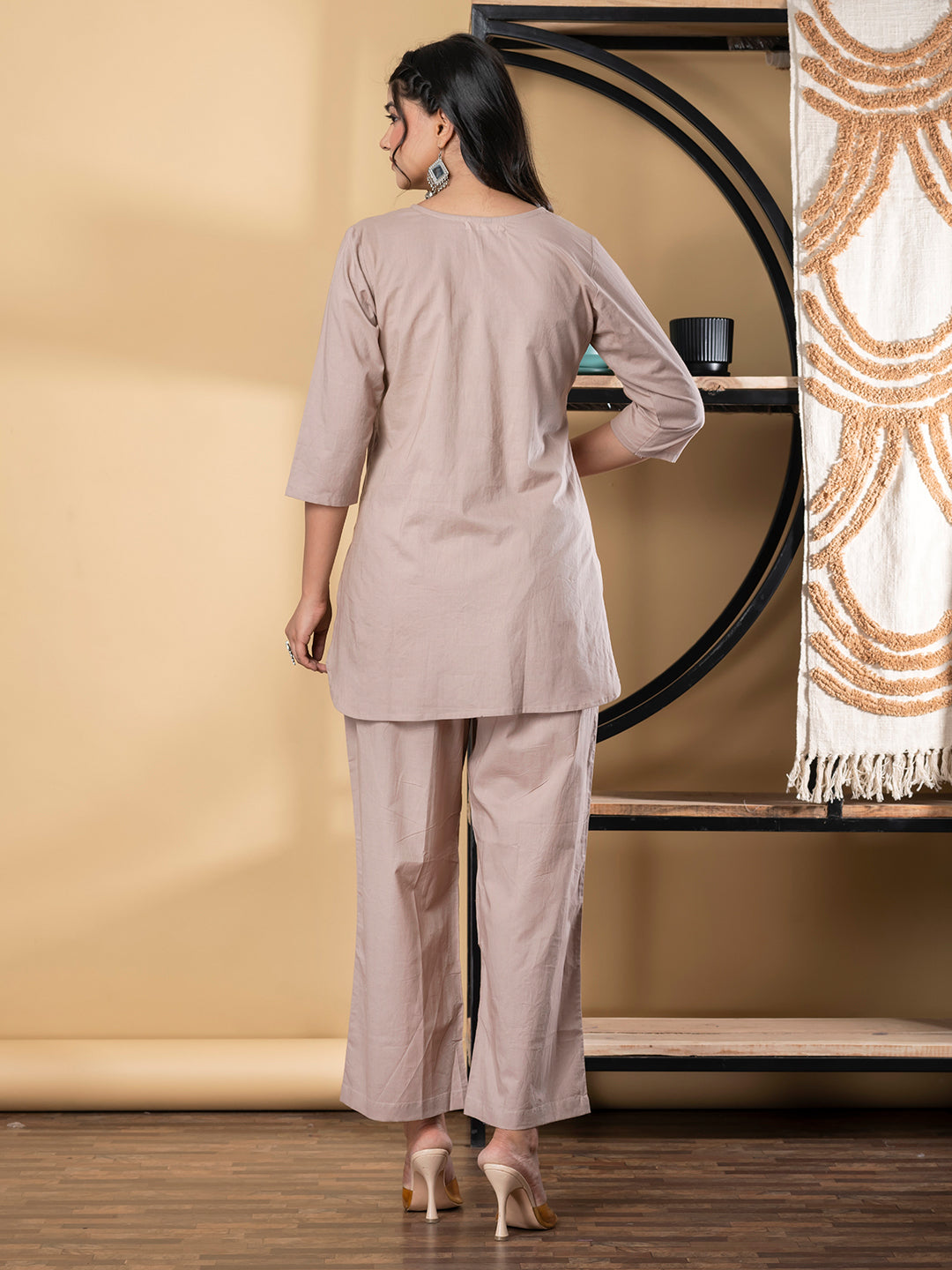Curved Style Cotton Fabric Brown Color Co-Ord Set