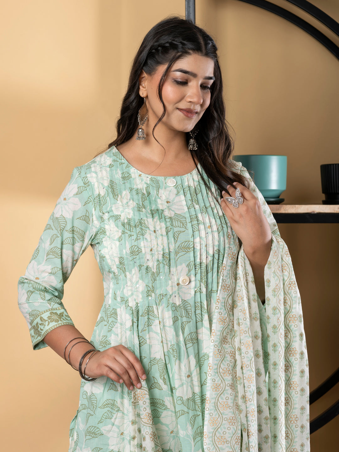 A Line Style Cotton Fabric Green Color Kurta And Bottom With Dupatta