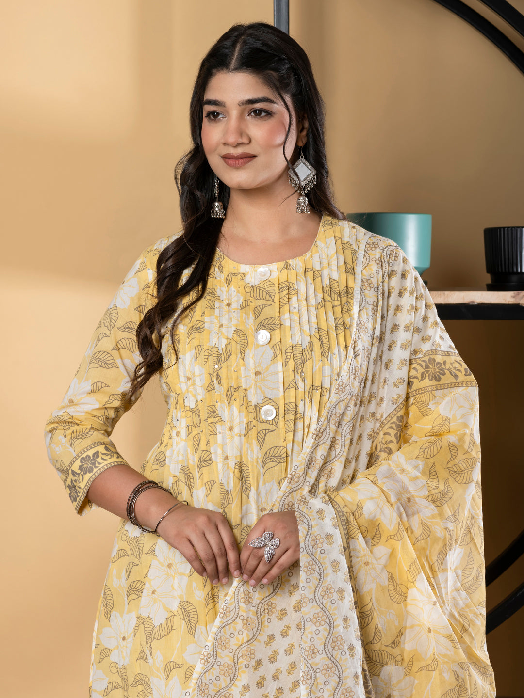 A Line Style Cotton Fabric Yellow Color Kurta And Bottom With Dupatta