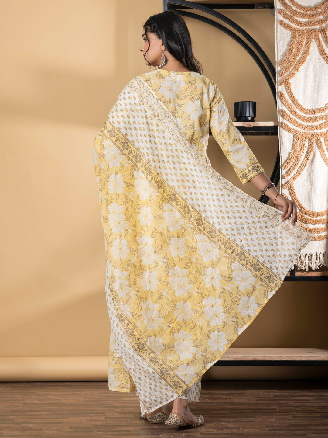 A Line Style Cotton Fabric Yellow Color Kurta And Bottom With Dupatta