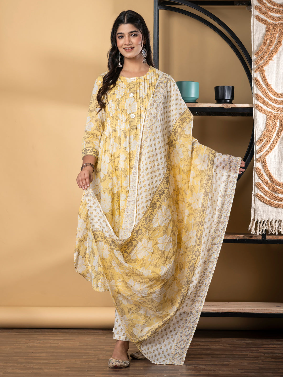 A Line Style Cotton Fabric Yellow Color Kurta And Bottom With Dupatta