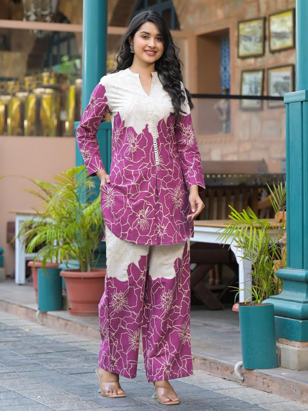 Curved Style Cotton Flex Fabric Magenta Color Co-Ord Set