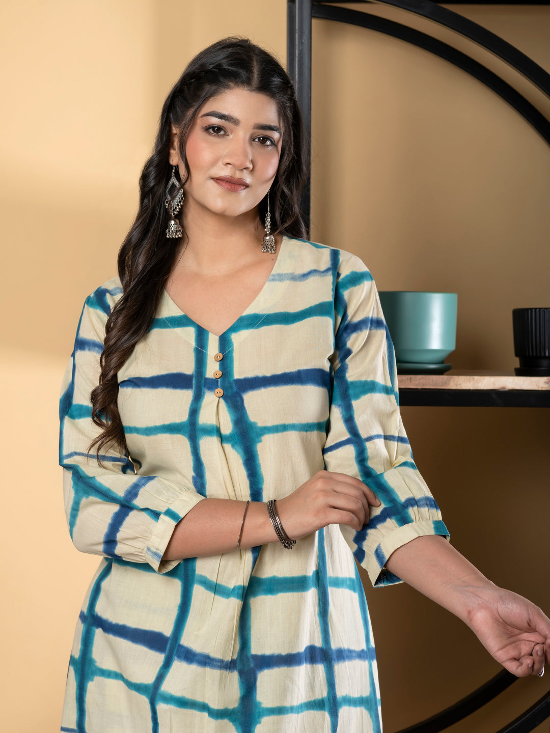 A Line Style Cotton Fabric Blue & Cream Color Kurta And Bottom