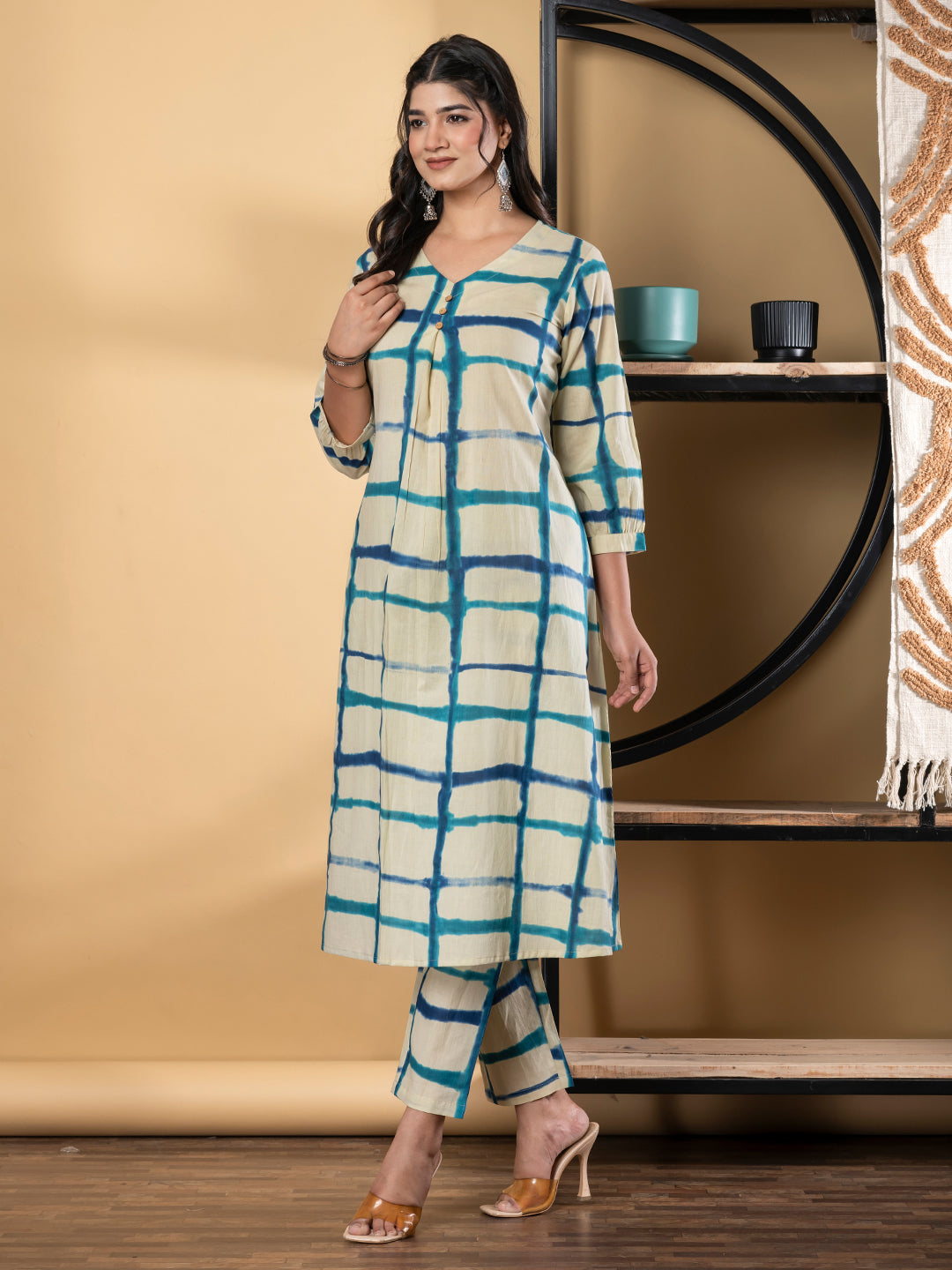 A Line Style Cotton Fabric Blue & Cream Color Kurta And Bottom