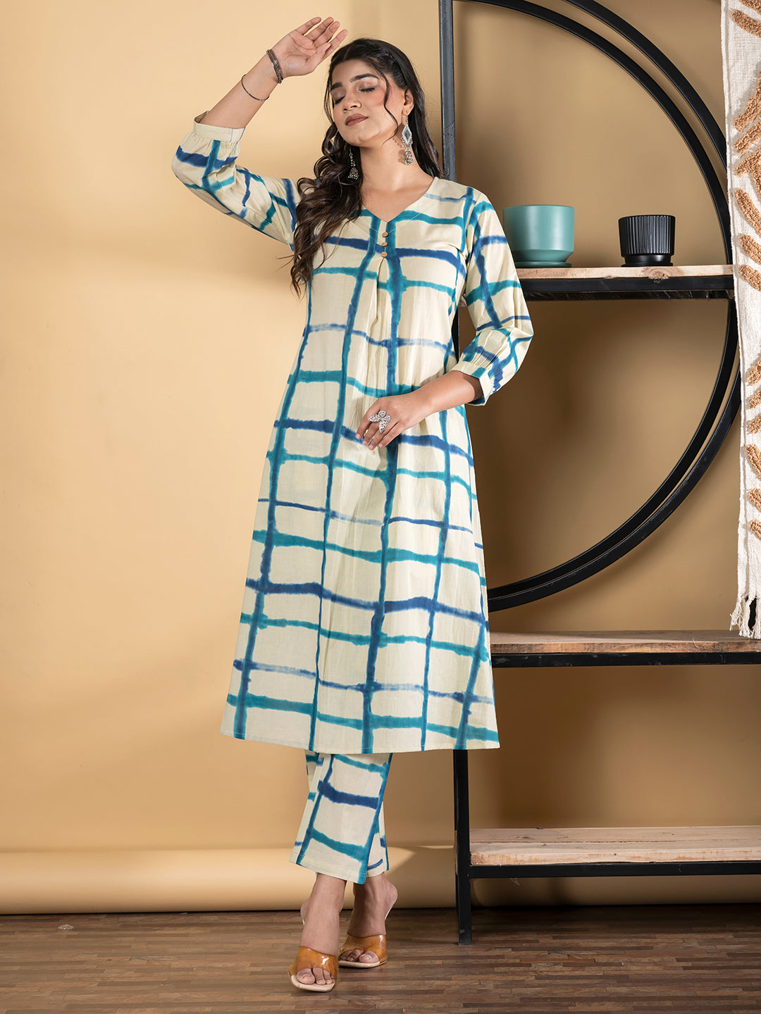 A Line Style Cotton Fabric Blue & Cream Color Kurta And Bottom