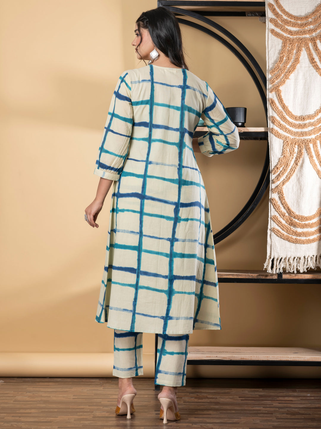 A Line Style Cotton Fabric Blue & Cream Color Kurta And Bottom