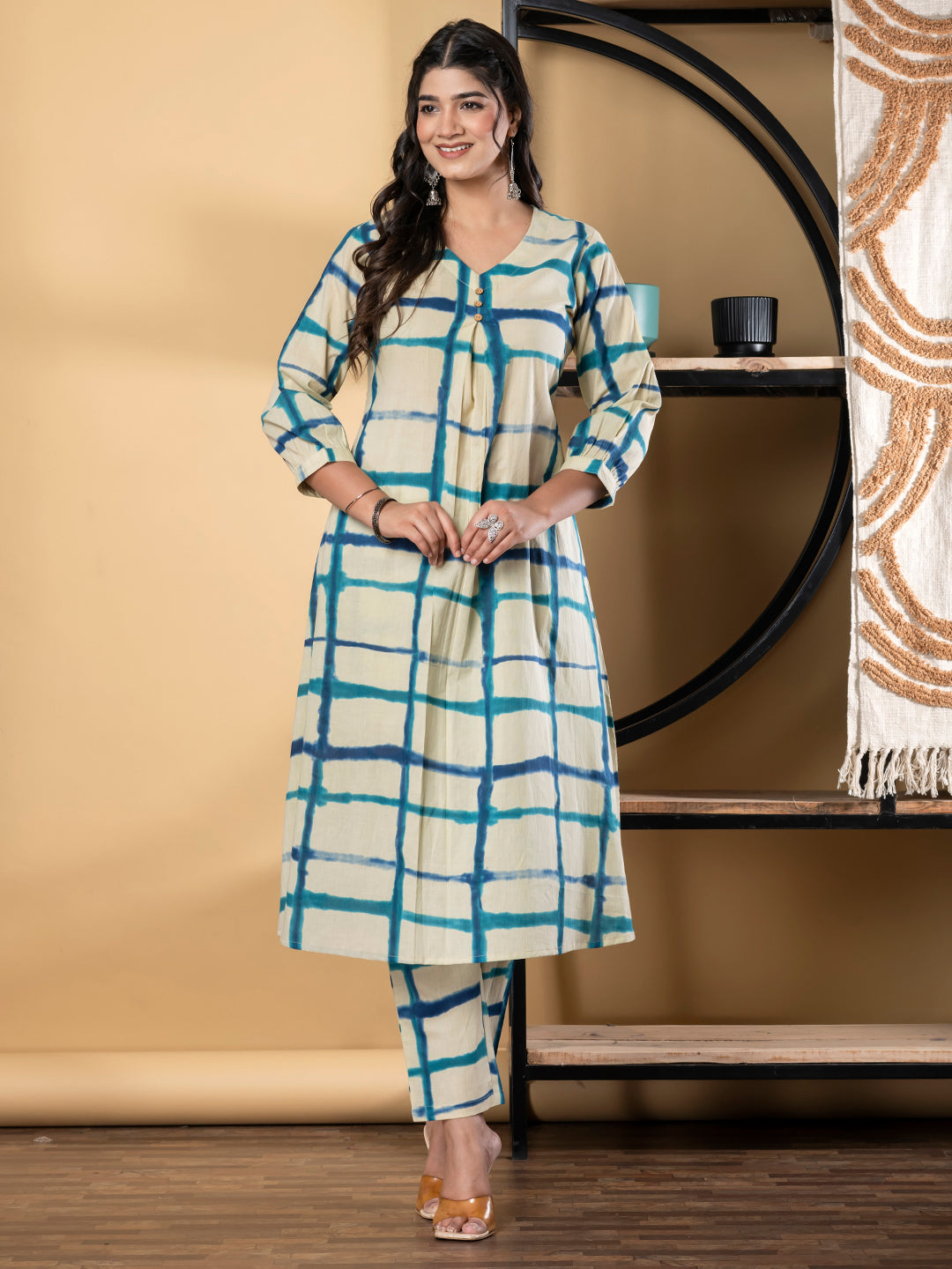 A Line Style Cotton Fabric Blue & Cream Color Kurta And Bottom