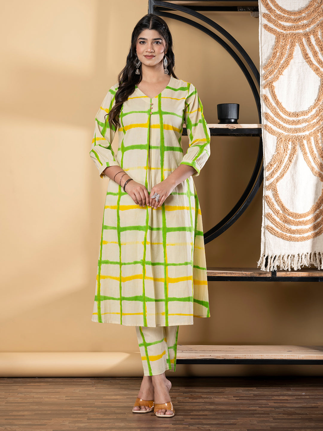 A Line Style Cotton Fabric Green & Cream Color Kurta And Bottom