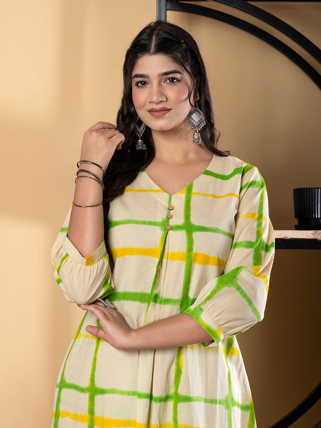 A Line Style Cotton Fabric Green & Cream Color Kurta And Bottom