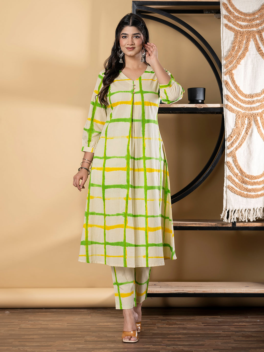 A Line Style Cotton Fabric Green & Cream Color Kurta And Bottom