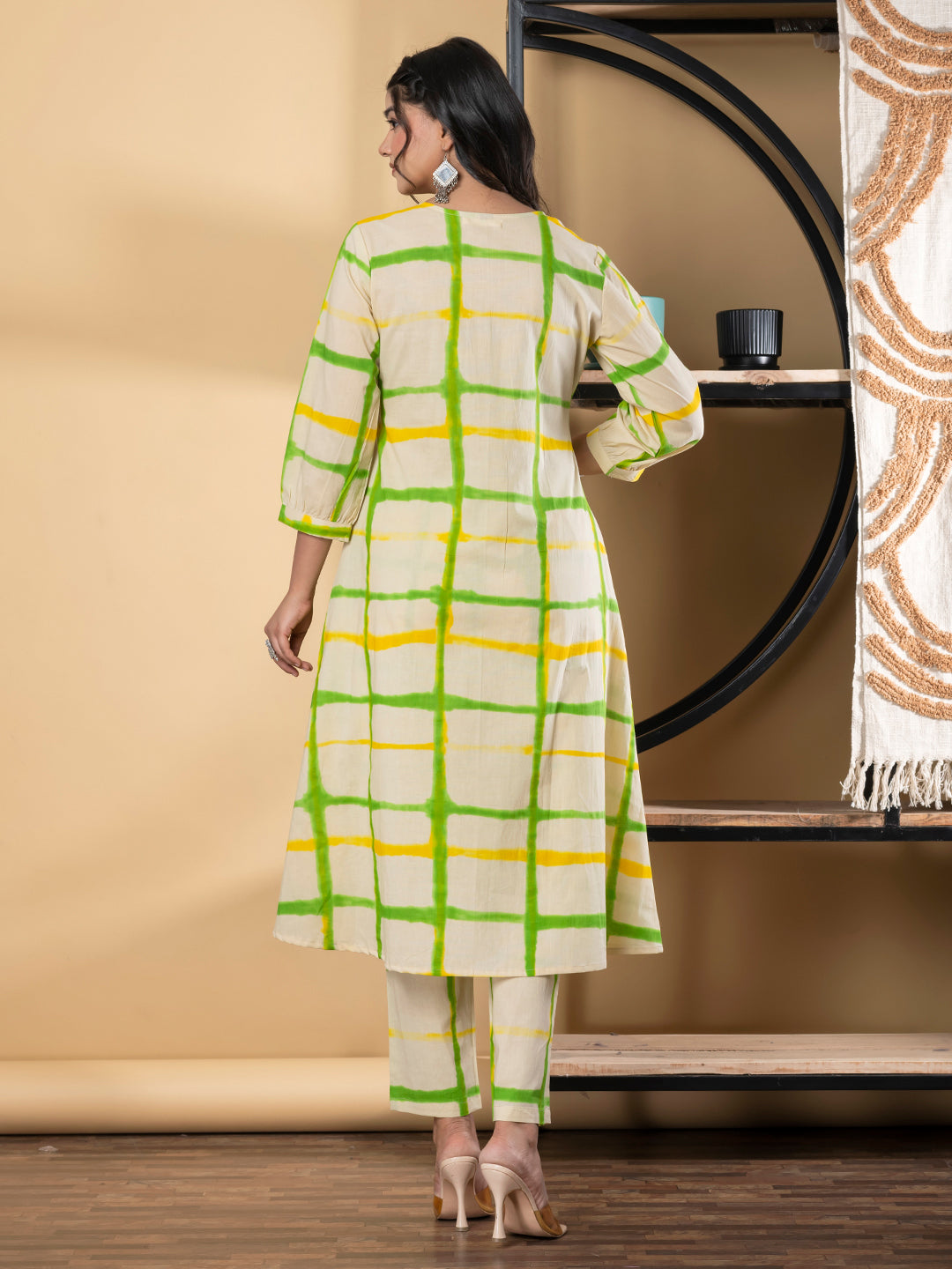 A Line Style Cotton Fabric Green & Cream Color Kurta And Bottom