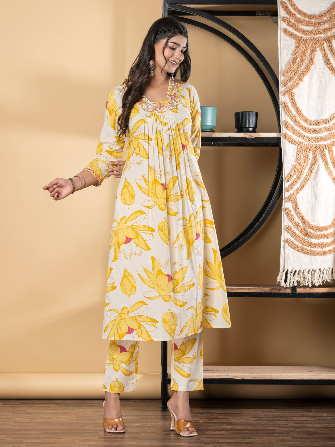 A Line Style Cotton Fabric Yellow Color Kurta And Bottom