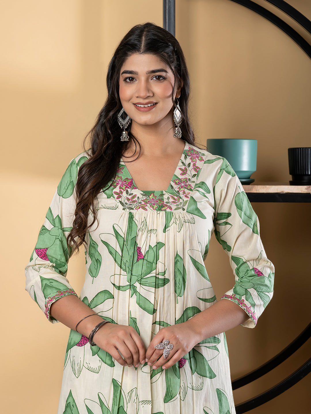 A Line Style Cotton Fabric Green Color Kurta And Bottom