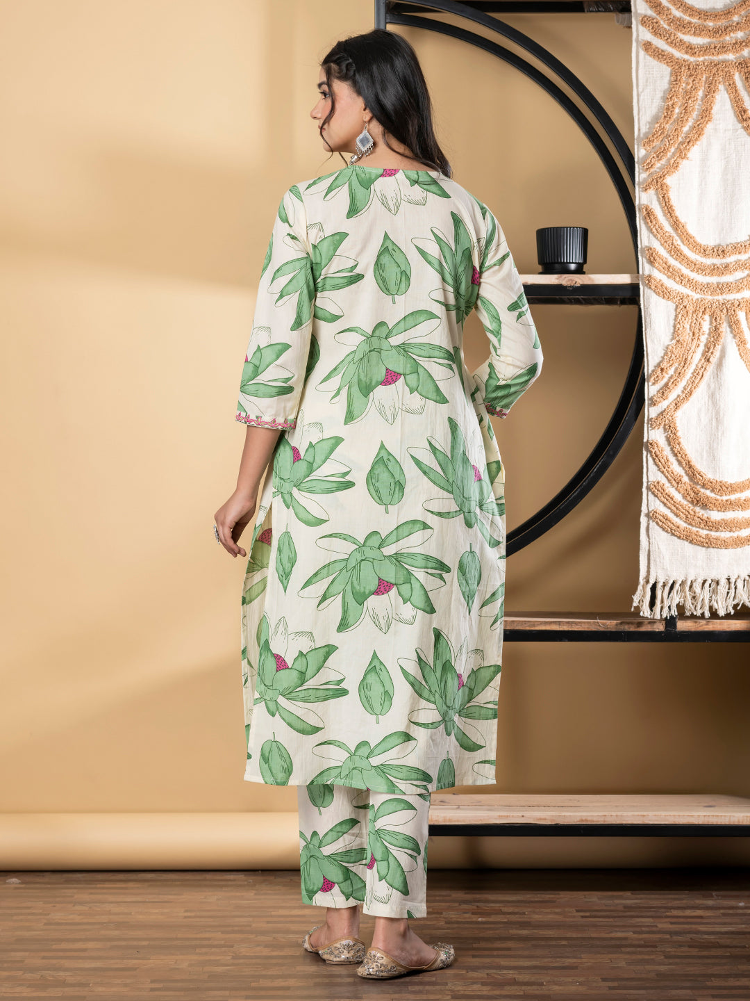 A Line Style Cotton Fabric Green Color Kurta And Bottom