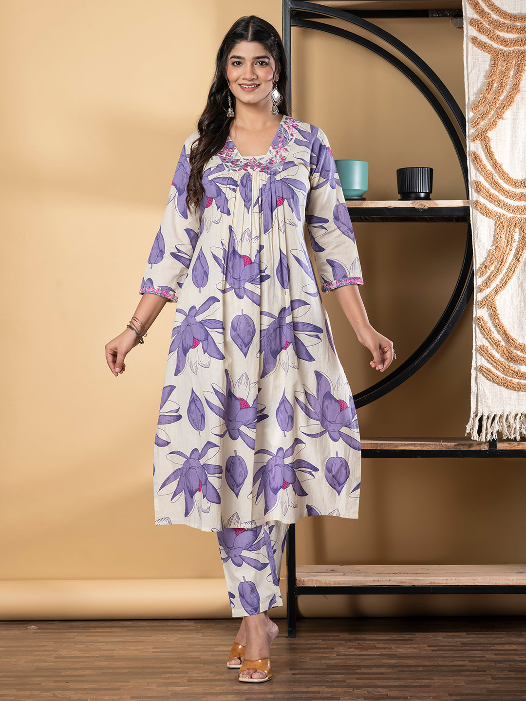 A Line Style Cotton Fabric Purple Color Kurta And Bottom
