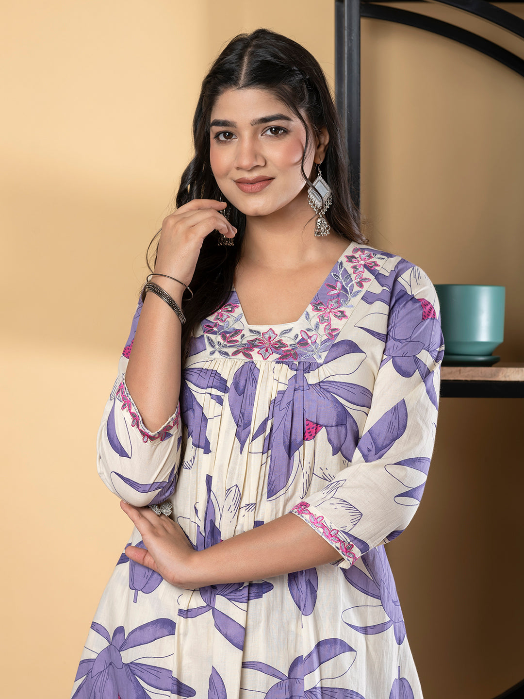 A Line Style Cotton Fabric Purple Color Kurta And Bottom