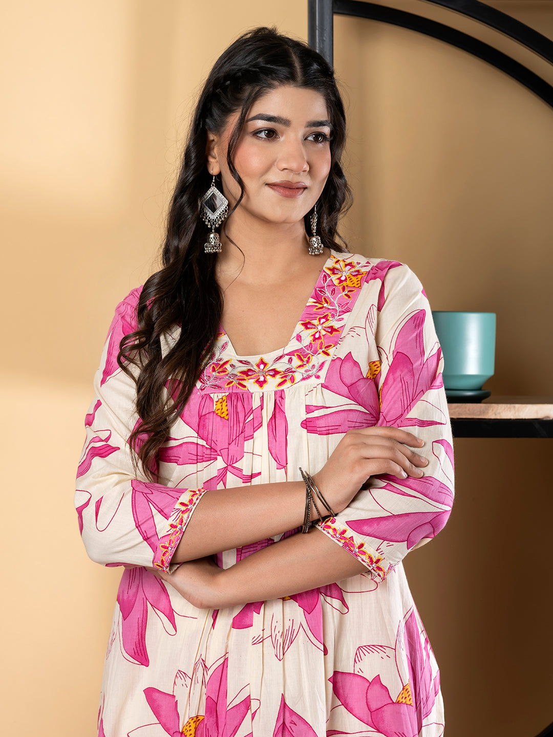 A Line Style Cotton Fabric Pink Color Kurta And Bottom