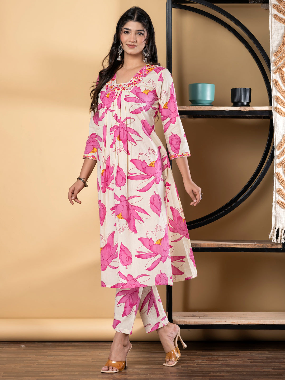 A Line Style Cotton Fabric Pink Color Kurta And Bottom