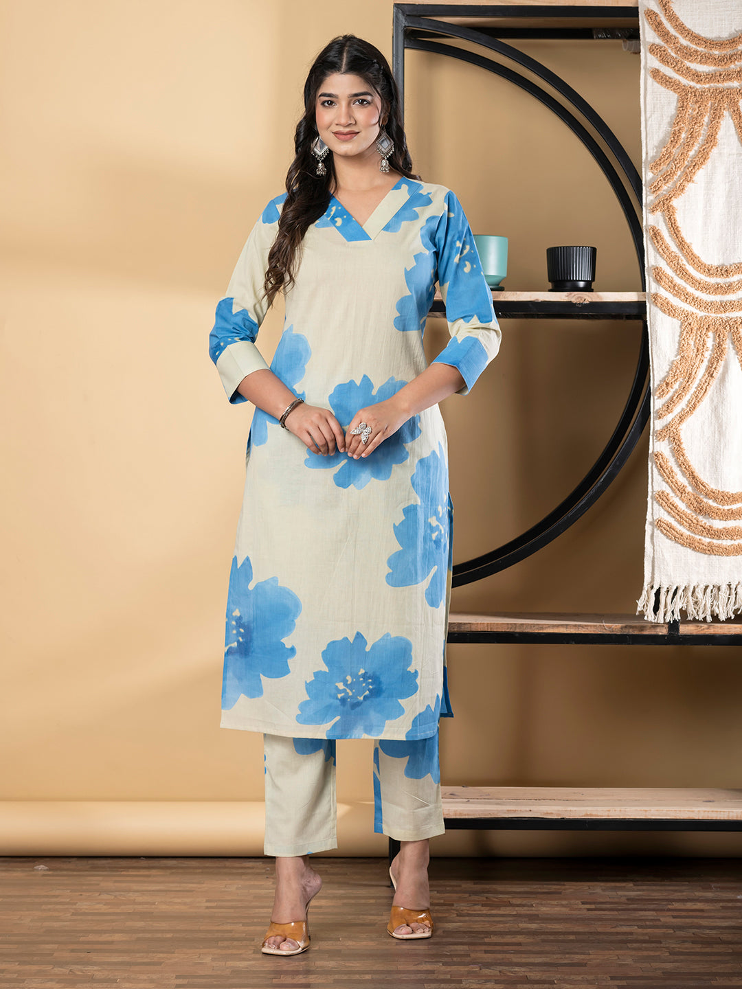 Straight Style Cotton Fabric Blue Color Kurta And Bottom