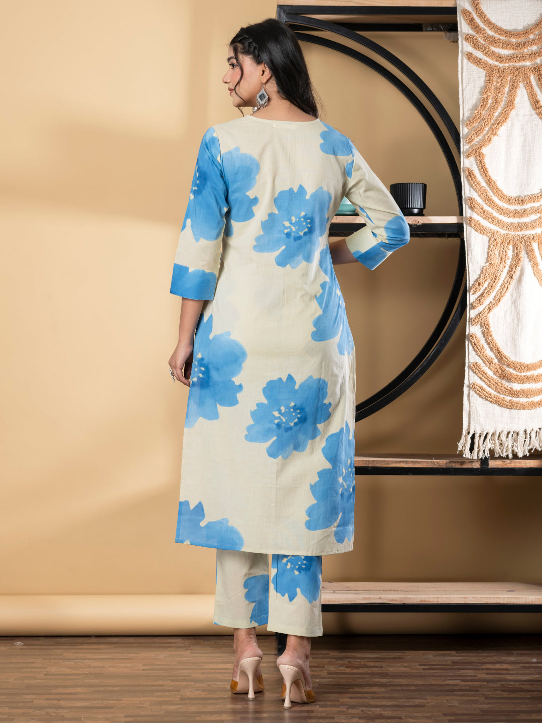 Straight Style Cotton Fabric Blue Color Kurta And Bottom