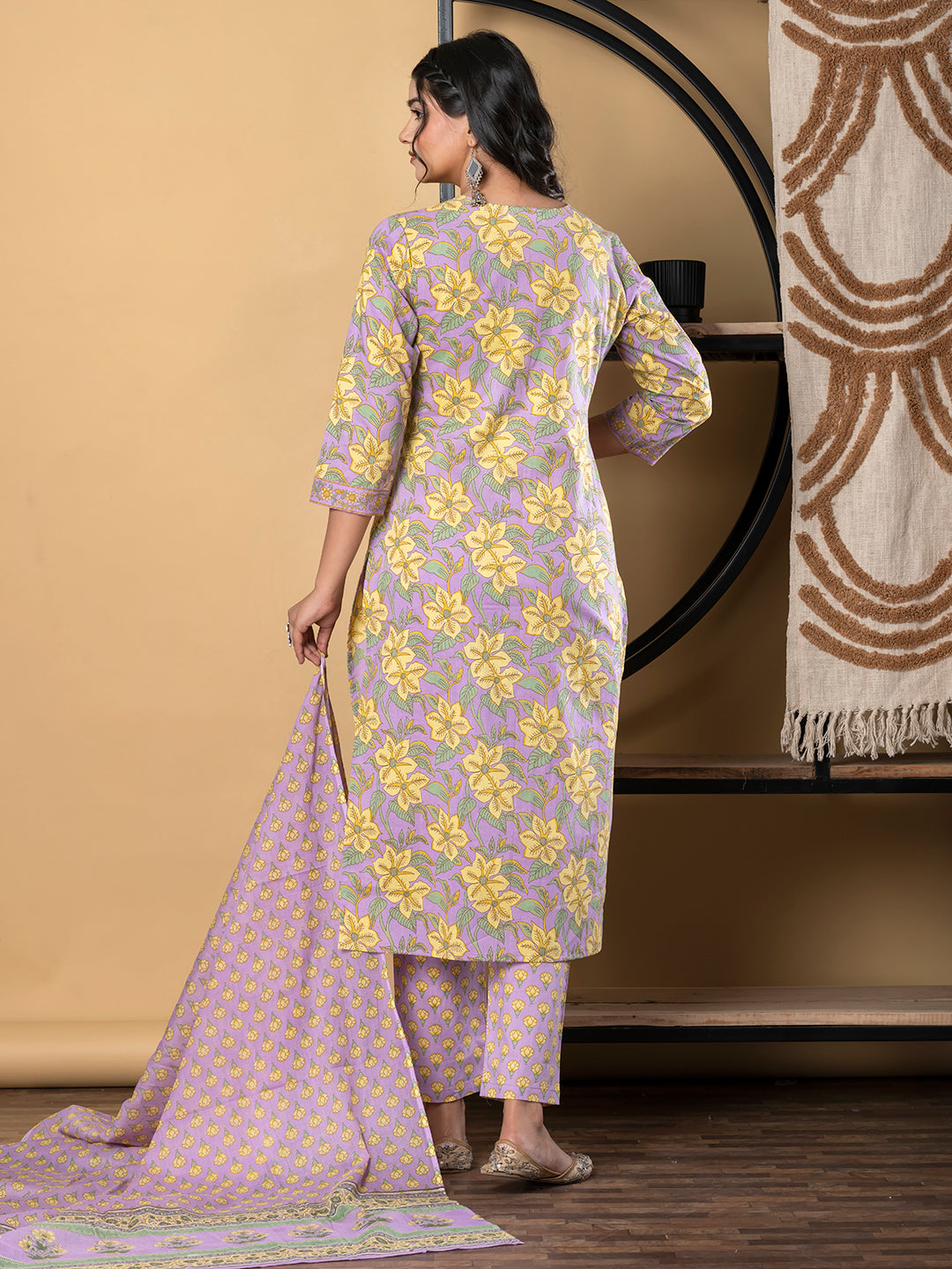 Straight Style Cotton Fabric Violet Color Kurta And Bottom With Dupatta