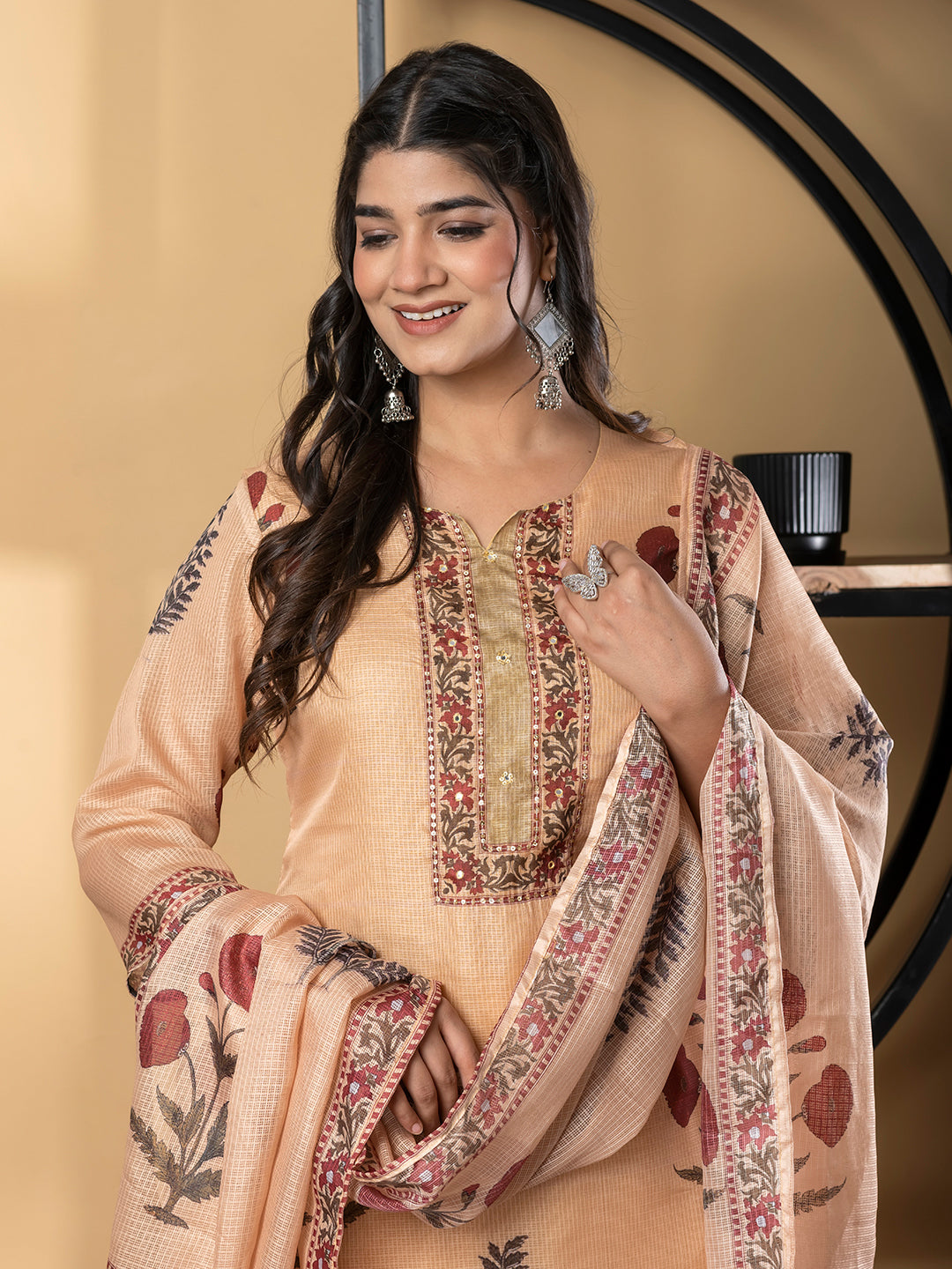 Straight Style Kota Doria Fabric Mustard Color Kurta And Bottom With Dupatta