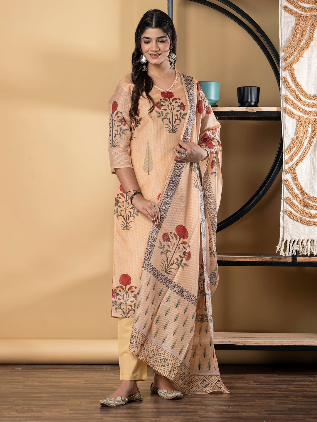 Straight Style Kota Doria Fabric Mustard Color Kurta And Bottom With Dupatta