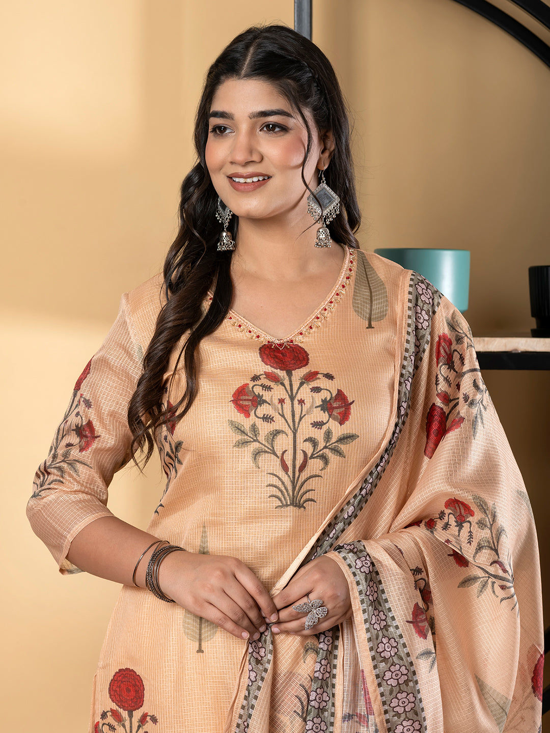 Straight Style Kota Doria Fabric Mustard Color Kurta And Bottom With Dupatta