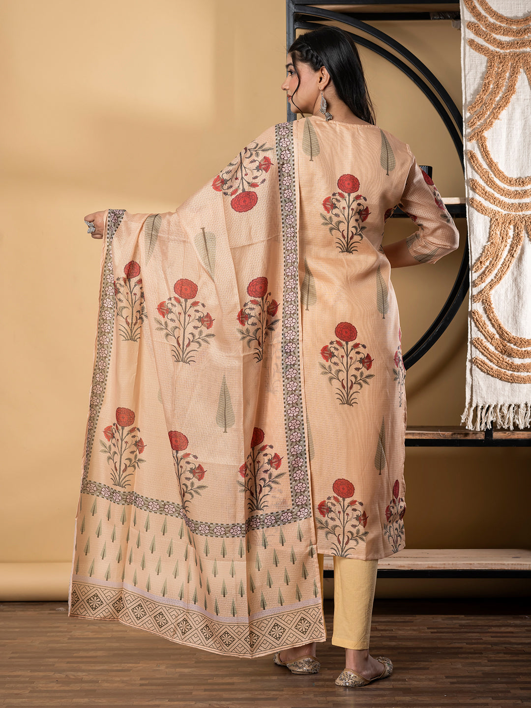 Straight Style Kota Doria Fabric Mustard Color Kurta And Bottom With Dupatta